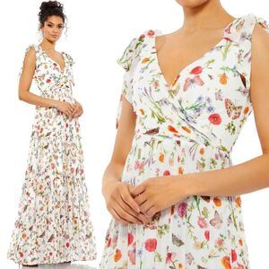 Mac Duggal Floral Print Sleeveless Tie Shoulder Chiffon White Gown NEW Size 12